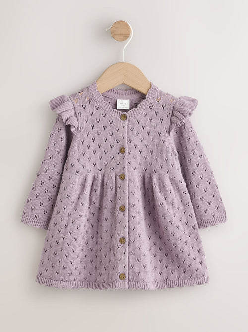 Dsiney Kidz - Lilac Purple Pointelle Knitted Frill Shoulder Baby Dress (0mths-2yrs) image 1