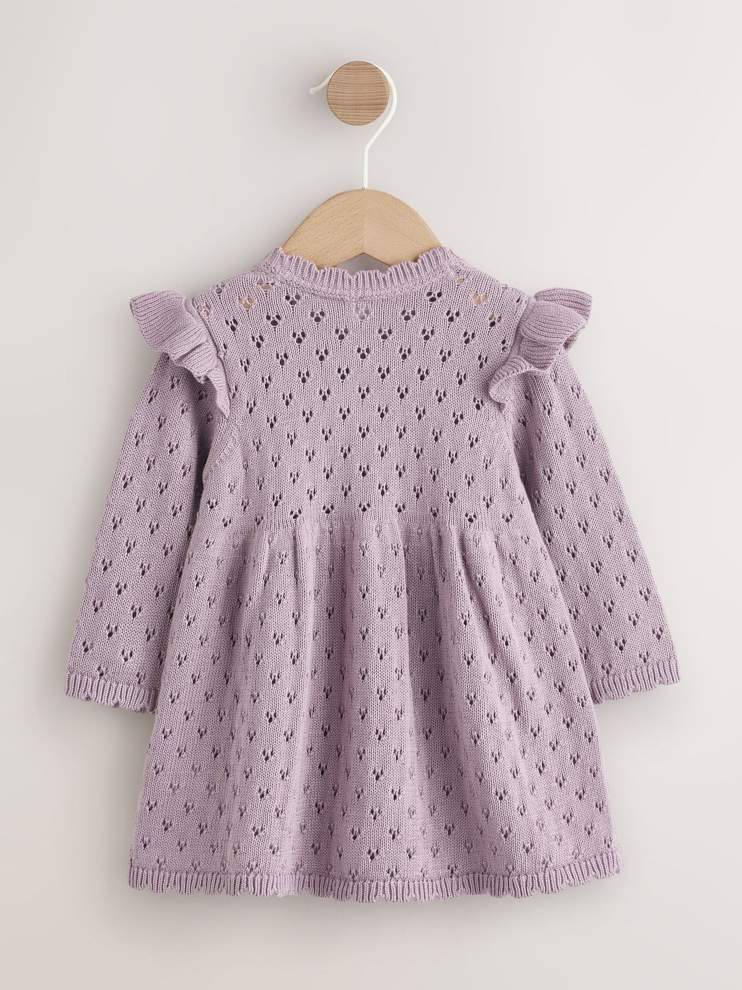 Lilac Purple Pointelle Knitted Frill Shoulder Baby Dress (0mths-2yrs) image 2