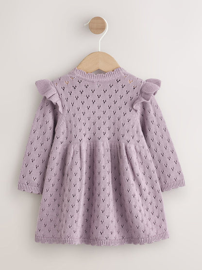 Lilac Purple Pointelle Knitted Frill Shoulder Baby Dress (0mths-2yrs) image 2