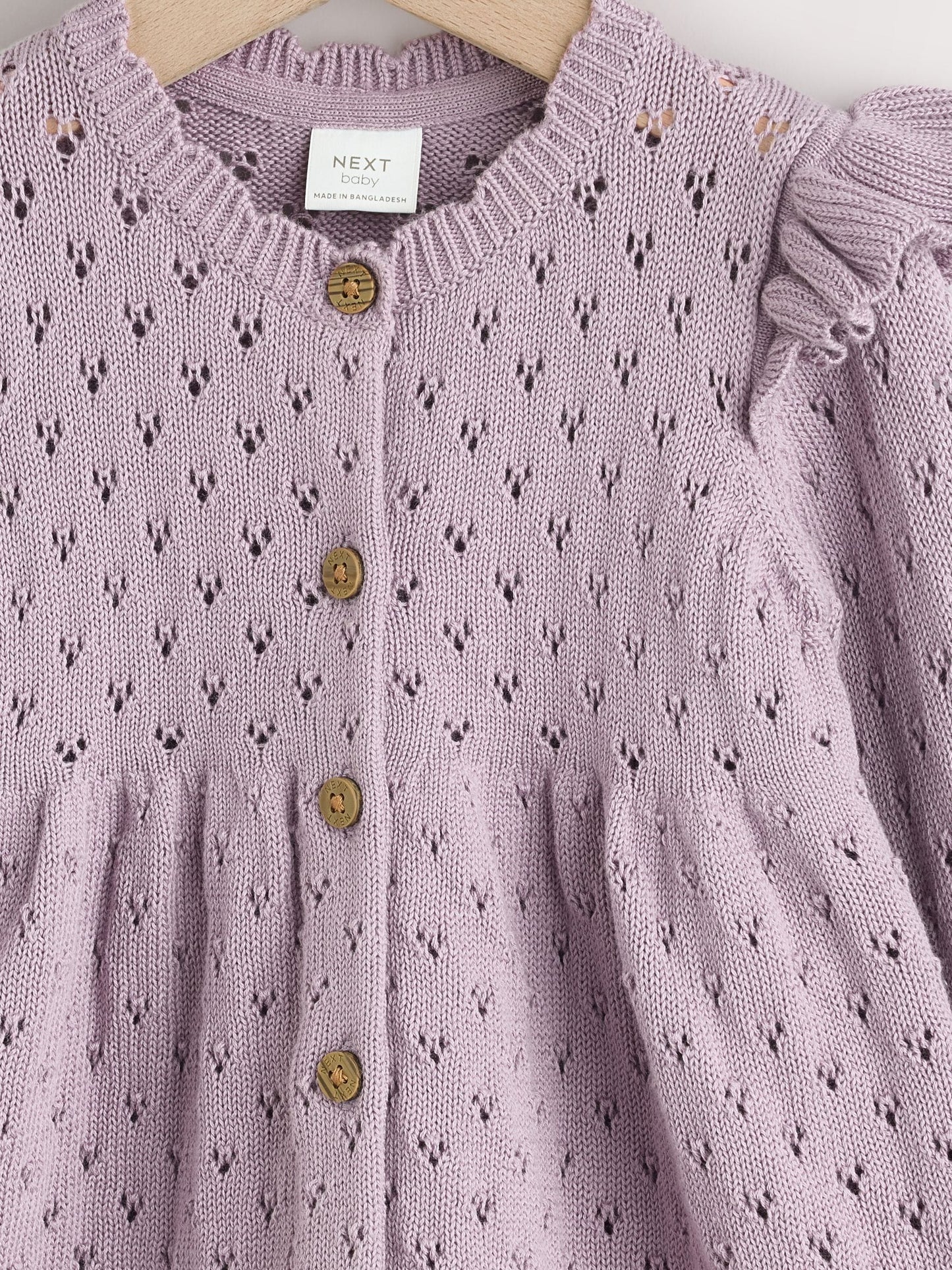 Lilac Purple Pointelle Knitted Frill Shoulder Baby Dress (0mths-2yrs) image 3