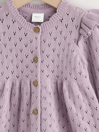 Lilac Purple Pointelle Knitted Frill Shoulder Baby Dress (0mths-2yrs) image 3