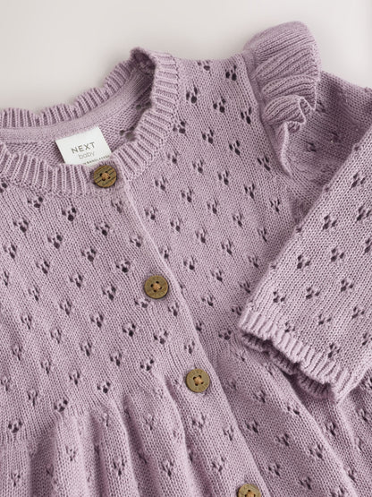 Lilac Purple Pointelle Knitted Frill Shoulder Baby Dress (0mths-2yrs) image 4