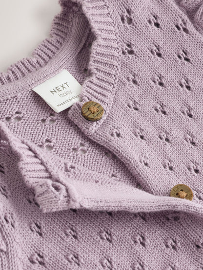 Lilac Purple Pointelle Knitted Frill Shoulder Baby Dress (0mths-2yrs) image 6