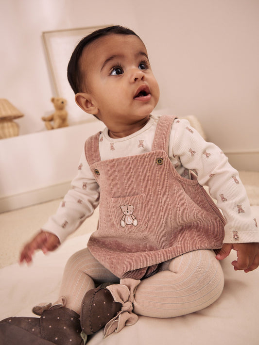 Dsiney Kidz - Pink Bear Cord Baby Long Sleeve Bodysuit, Romper And Tights 3 Piece Set (0mths-2yrs) image 1