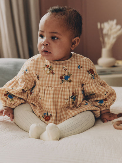 Brown/Cream Check Embroidered Baby Bubble Romper And Tights 2 Piece Set (0mths-2yrs) image 1