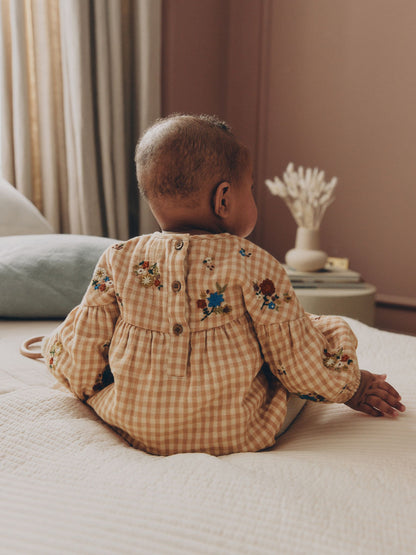 Brown/Cream Check Embroidered Baby Bubble Romper And Tights 2 Piece Set (0mths-2yrs) image 2