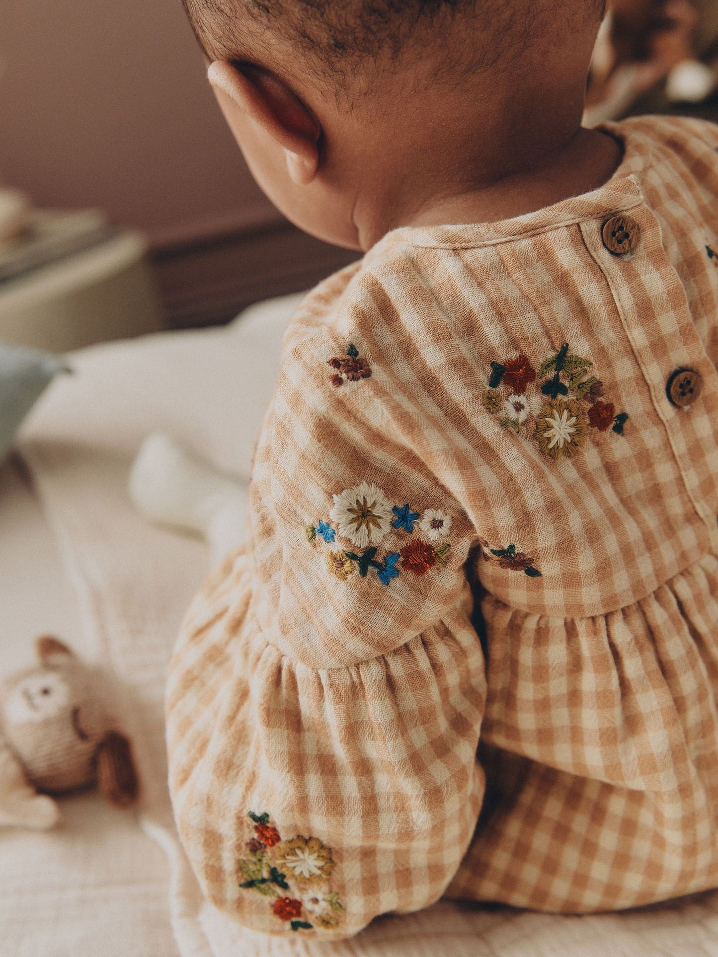 Brown/Cream Check Embroidered Baby Bubble Romper And Tights 2 Piece Set (0mths-2yrs) image 5