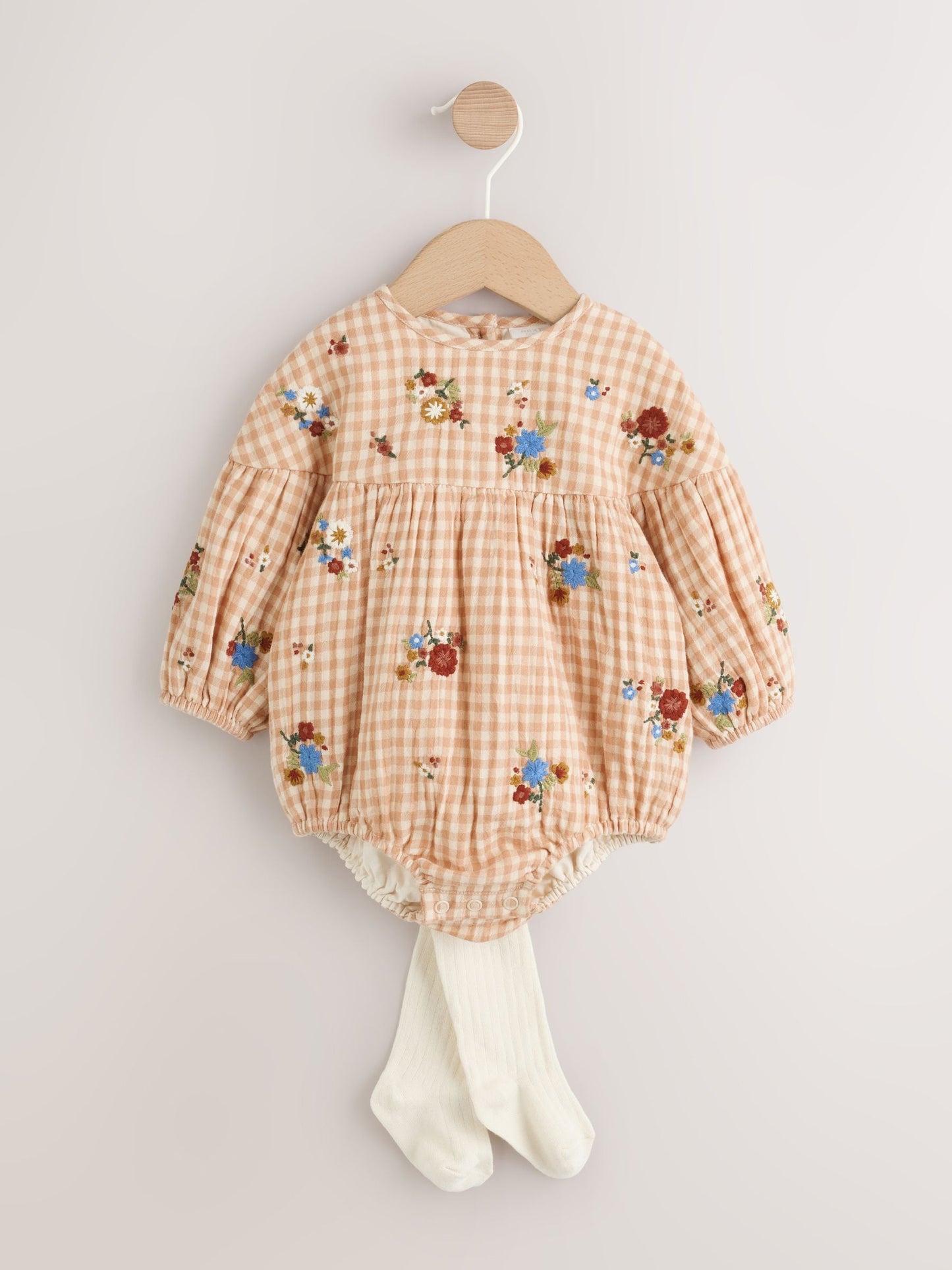 Brown/Cream Check Embroidered Baby Bubble Romper And Tights 2 Piece Set (0mths-2yrs) image 6