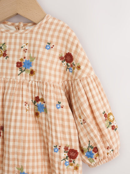 Brown/Cream Check Embroidered Baby Bubble Romper And Tights 2 Piece Set (0mths-2yrs) image 7