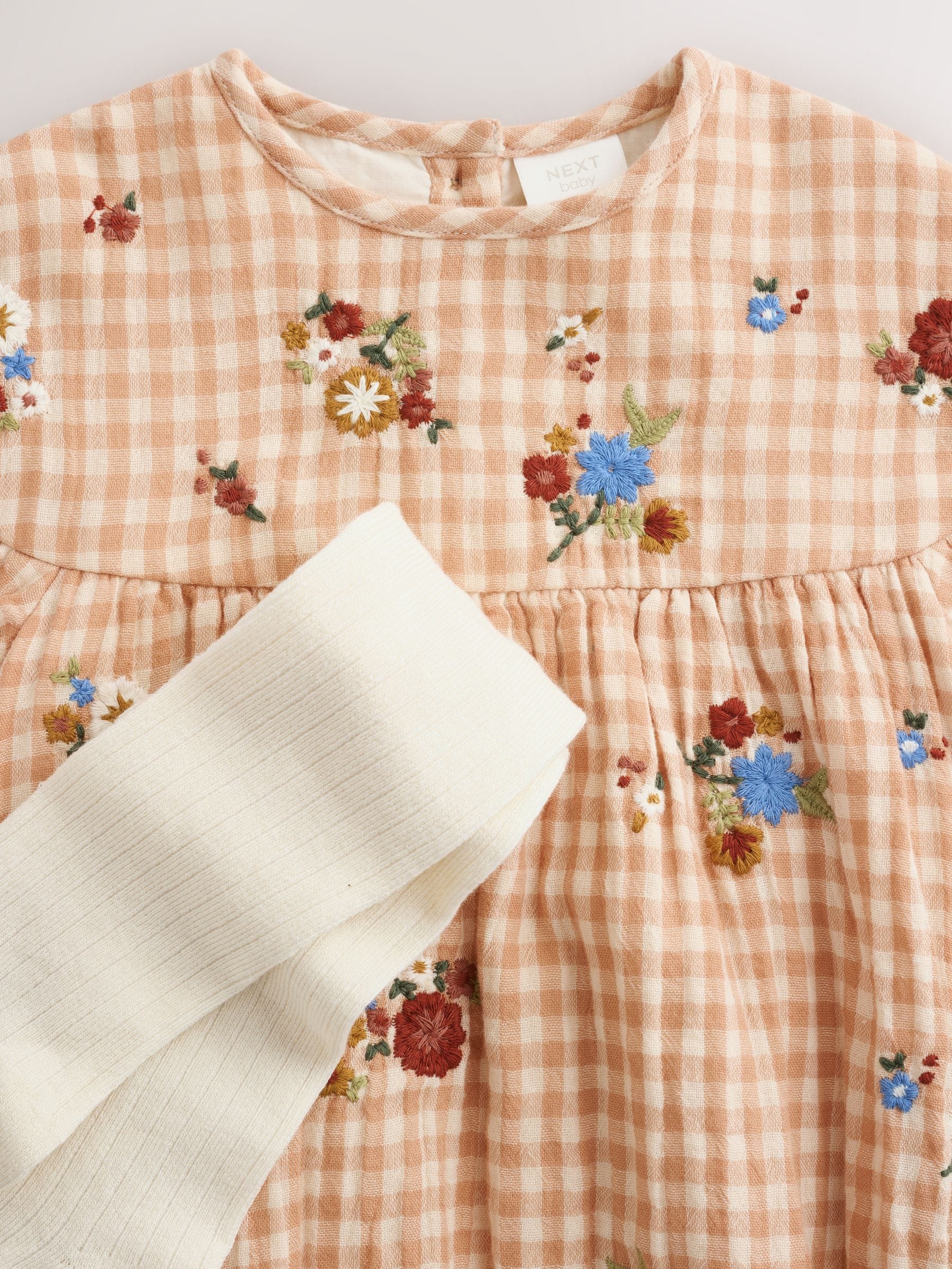 Brown/Cream Check Embroidered Baby Bubble Romper And Tights 2 Piece Set (0mths-2yrs) image 8