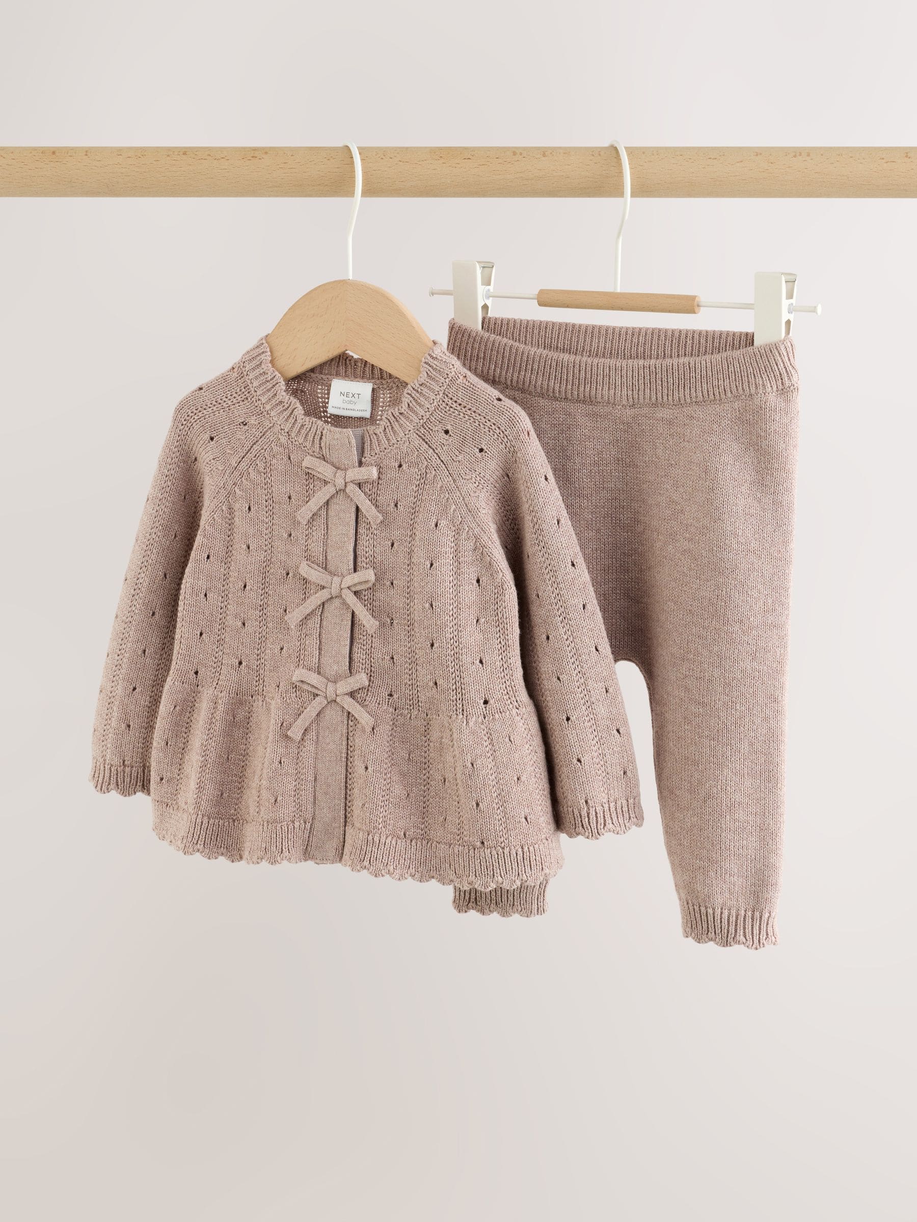 Chocolate Brown Frill Knitted Bow Baby Cardigan & Leggings Set 2 Piece (0mths-2yrs) image 1
