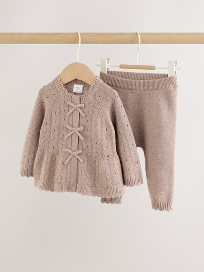 Chocolate Brown Frill Knitted Bow Baby Cardigan & Leggings Set 2 Piece (0mths-2yrs) image 1