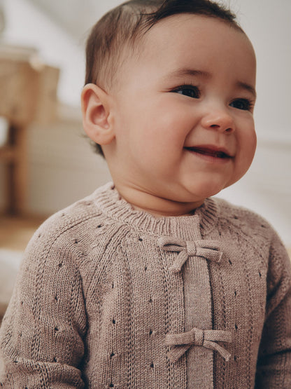 Chocolate Brown Frill Knitted Bow Baby Cardigan & Leggings Set 2 Piece (0mths-2yrs) image 4