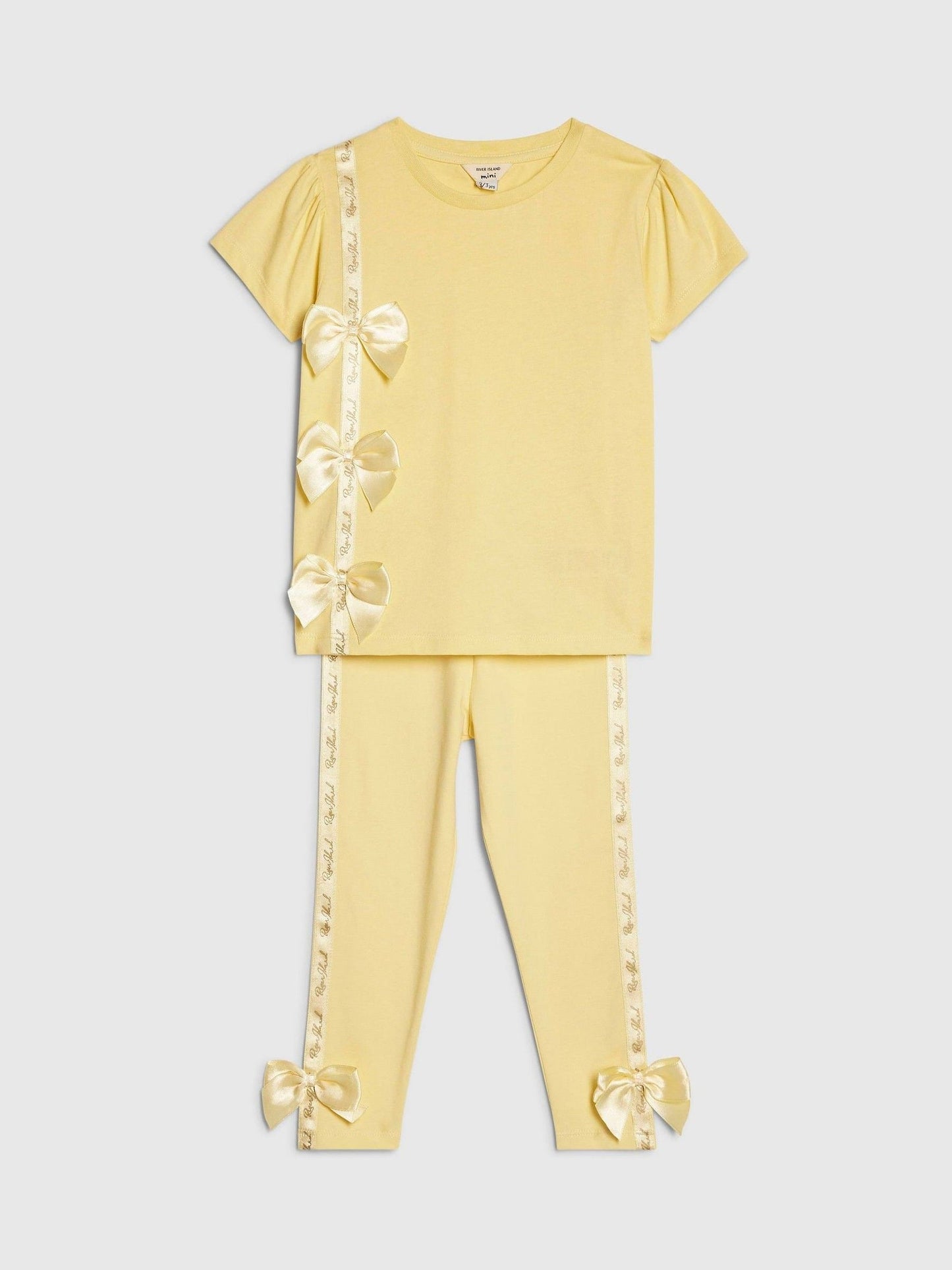 River Island Yellow Branded Bow T-Shirt & Legging Set image 3