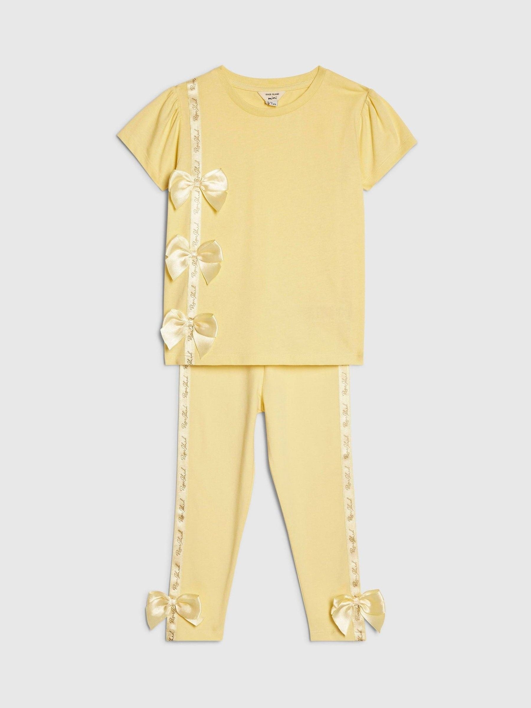 River Island Yellow Branded Bow T-Shirt & Legging Set image 3