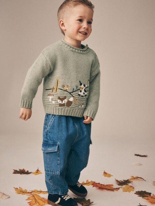 Dsiney Kidz - Sage Green Farm Character Knitted Crew Neck Jumper (3mths-7yrs) image 1