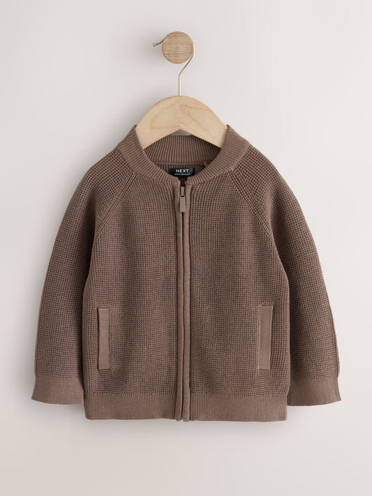 Chocolate Brown Textured Zip Up Knitted Bomber Cardigan (3mths-7yrs) - image 1
