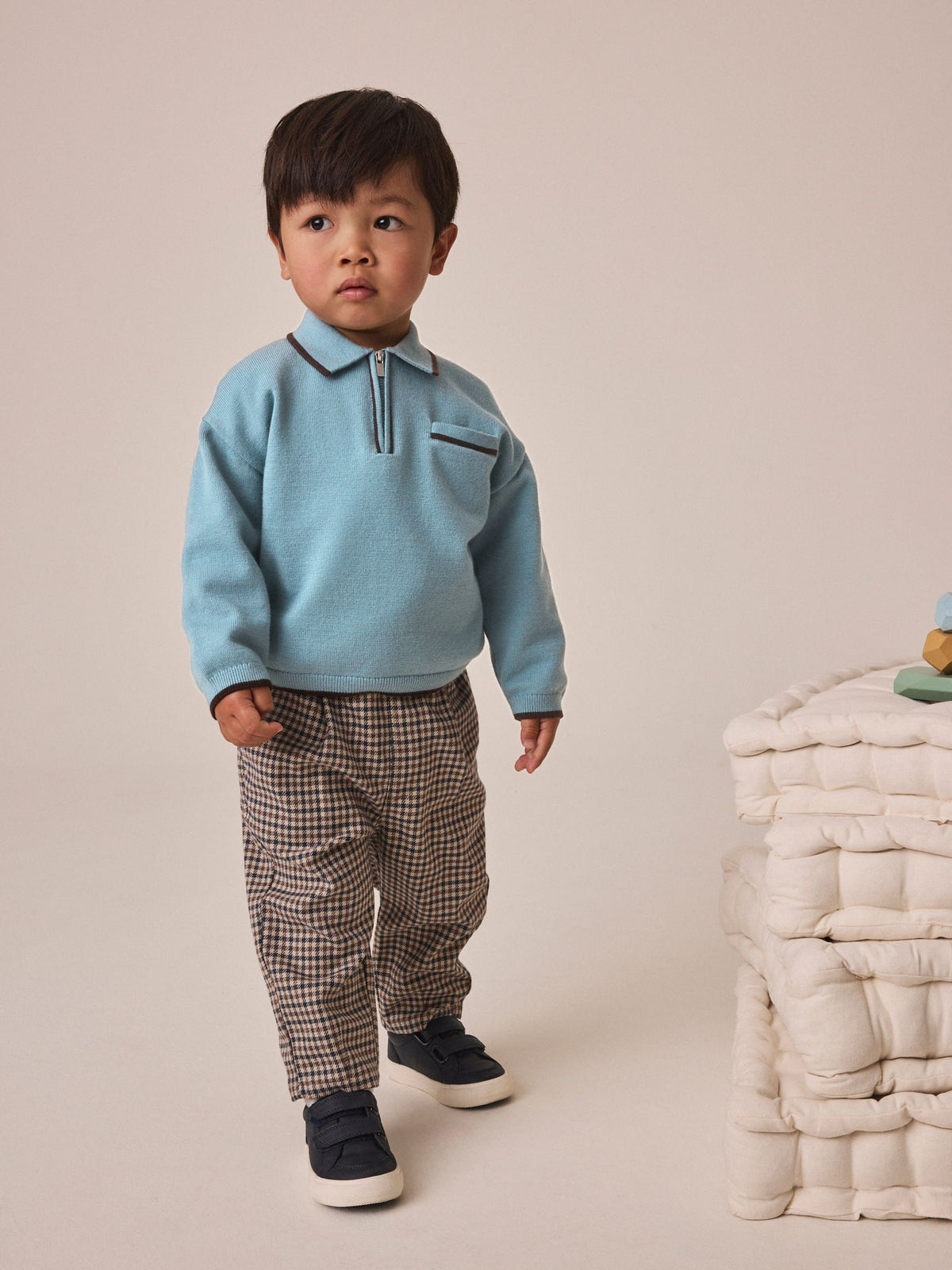 Dsiney Kidz - Blue Tipped Knitted Zip Neck Polo Shirt (3mths-7yrs) image 1