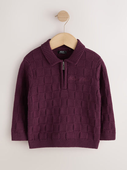 Dsiney Kidz - Plum Purple Textured Knitted Zip Neck Polo Shirt (3mths-7yrs) image 1
