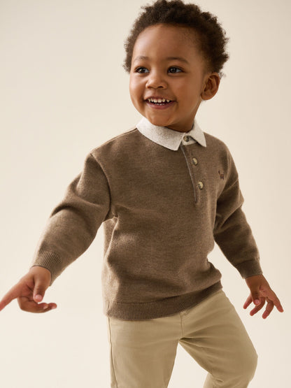 Dsiney Kidz - Tan Brown Contrast Collar Button Neck Knitted Polo Shirt (3mths-7yrs) image 1