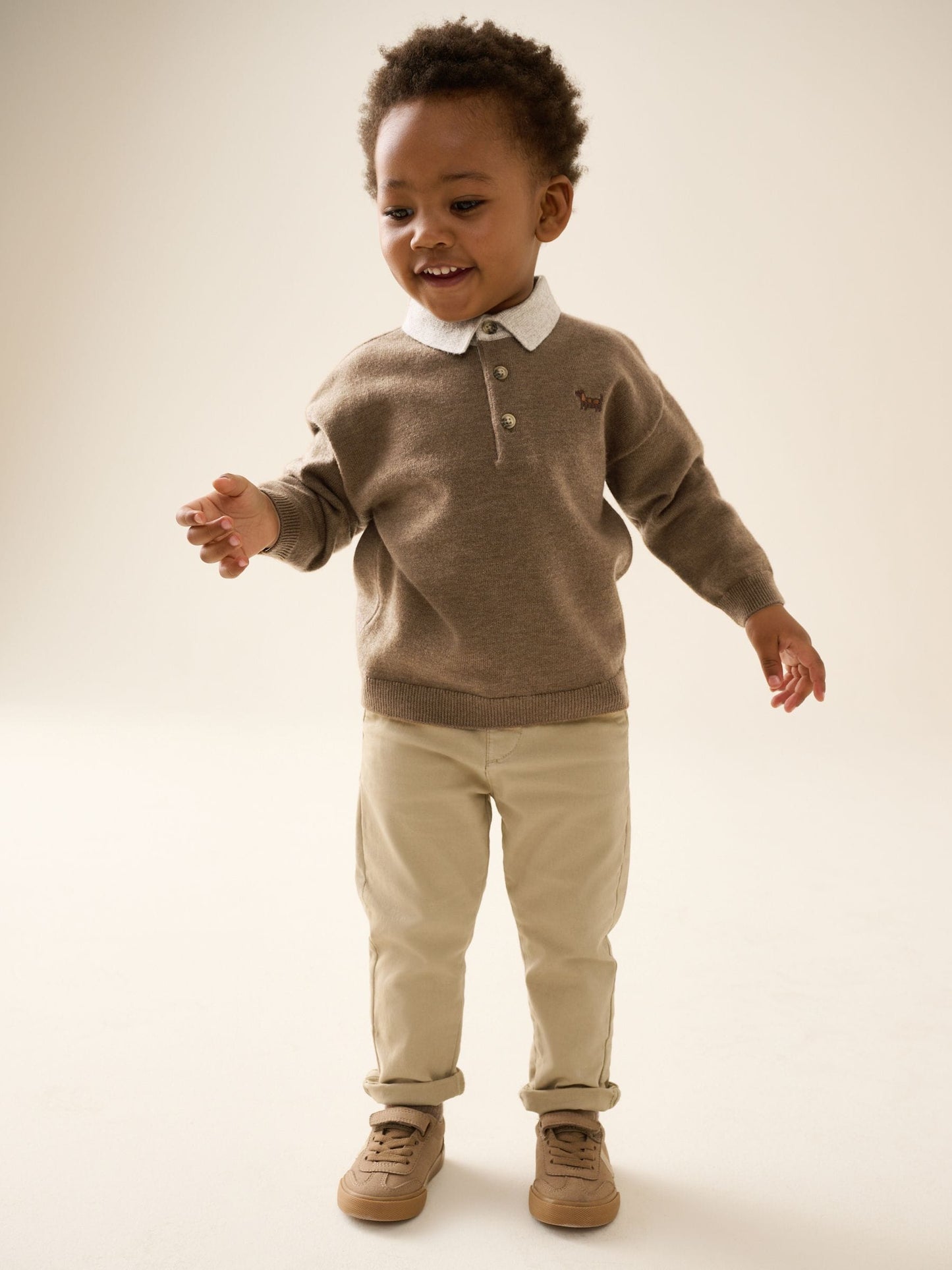 Dsiney Kidz - Tan Brown Contrast Collar Button Neck Knitted Polo Shirt (3mths-7yrs) image 2