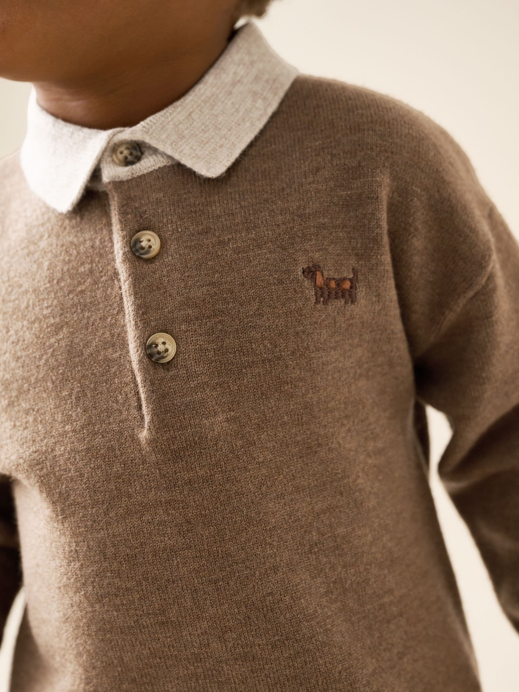 Dsiney Kidz - Tan Brown Contrast Collar Button Neck Knitted Polo Shirt (3mths-7yrs) image 4