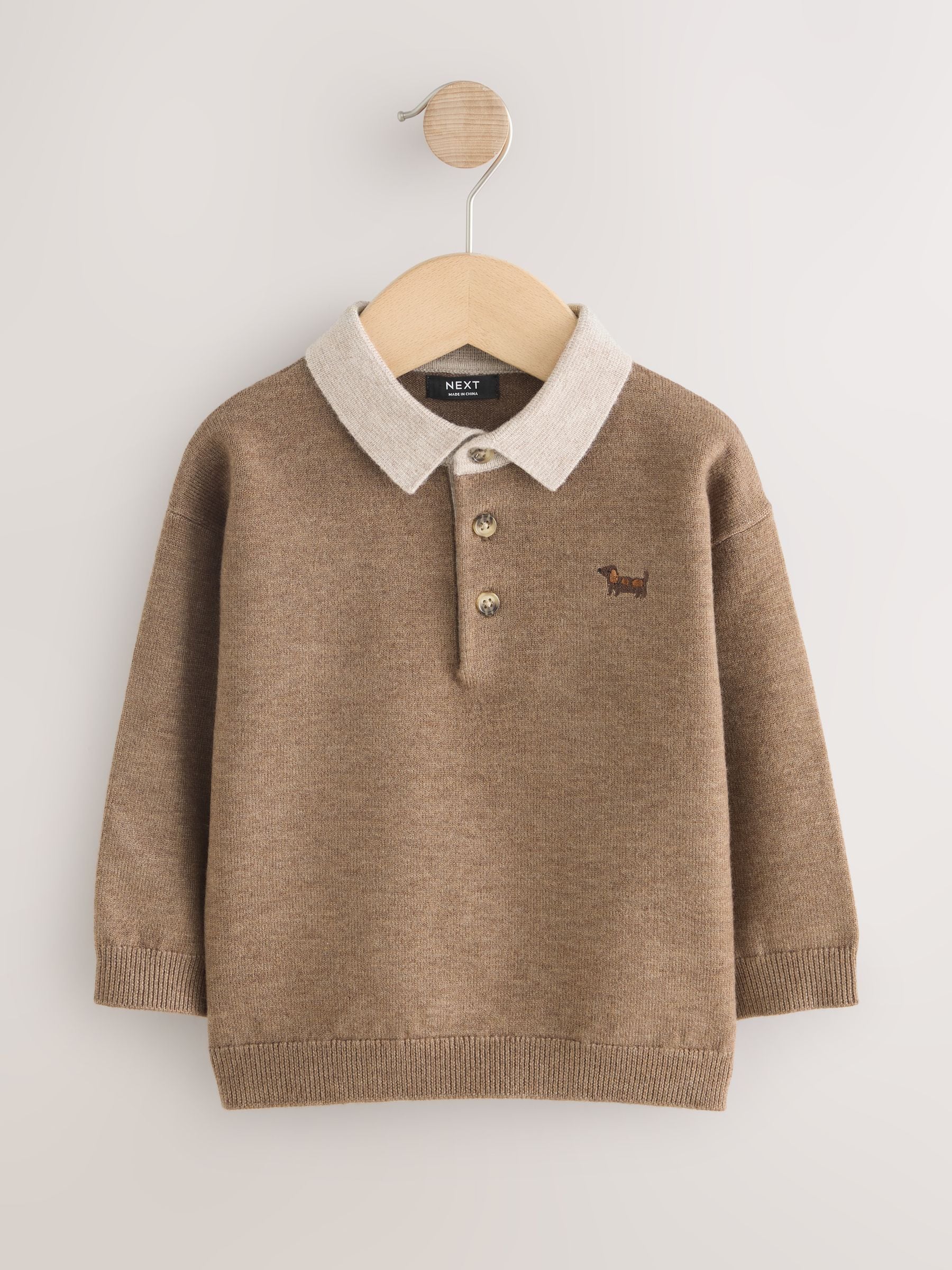 Dsiney Kidz - Tan Brown Contrast Collar Button Neck Knitted Polo Shirt (3mths-7yrs) image 5