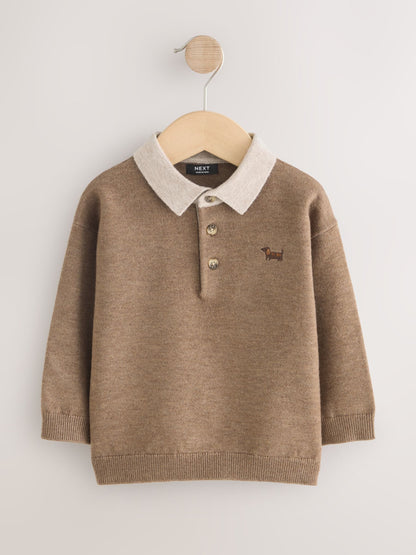 Dsiney Kidz - Tan Brown Contrast Collar Button Neck Knitted Polo Shirt (3mths-7yrs) image 5