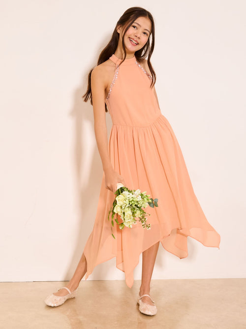 Dsiney Kidz - Lipsy Peach Pink Embellished Hanky Hem Halter Occasion Dress (7-16yrs) image 1