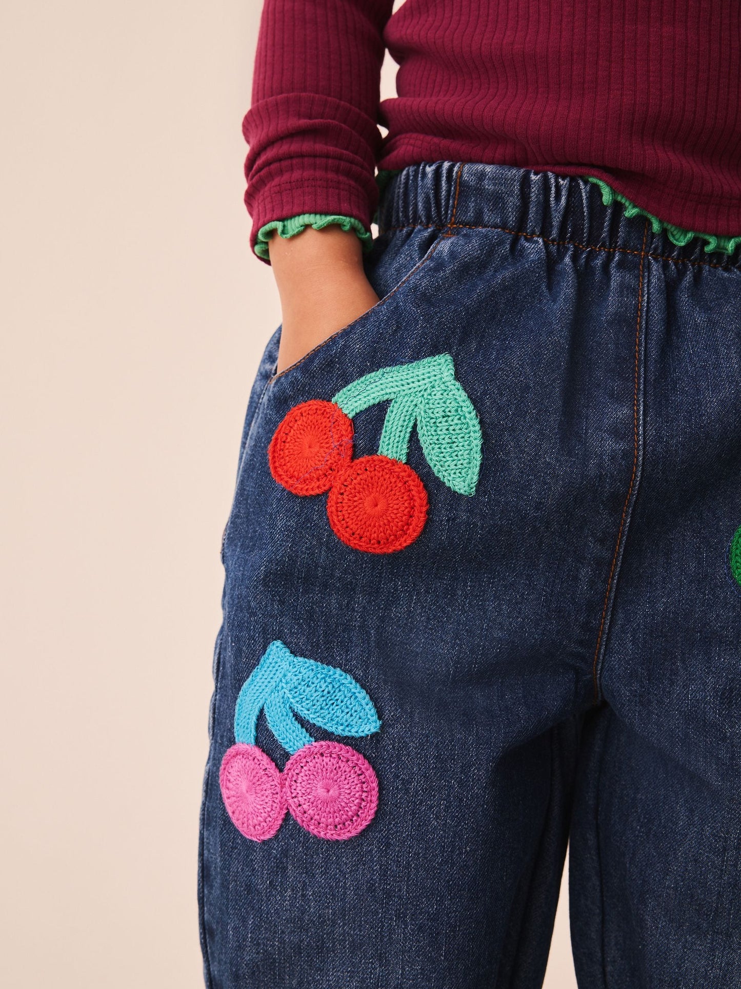 Dsiney Kidz - Rainbow Cherry Crochet Embroidered Barrel Jeans (3mths-7yrs) image 4
