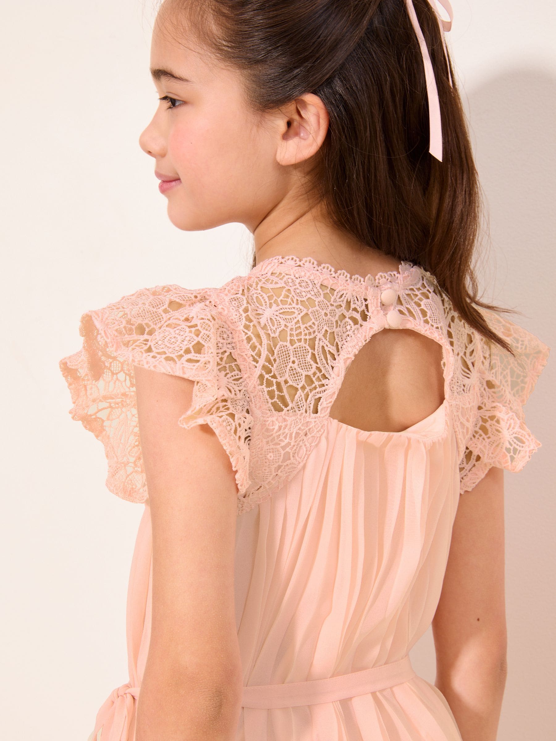Lipsy Pink Lace Bow Yolk Pleated Occasion Dress (5-16yrs) image 3