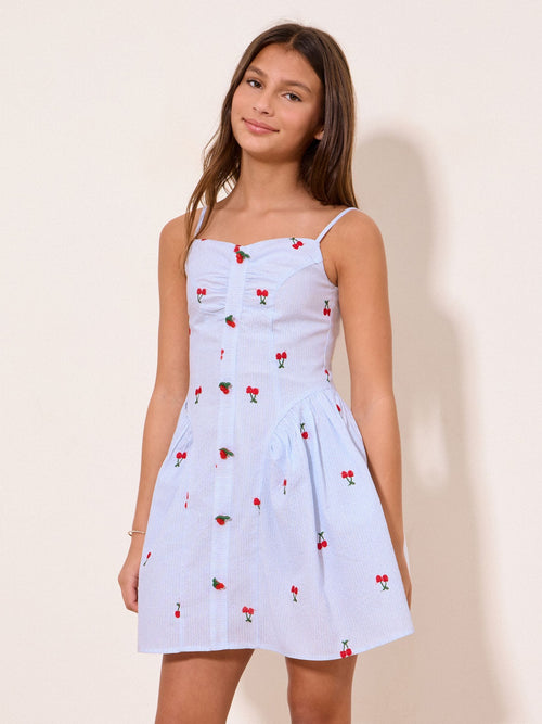 Lipsy Blue/White Teen Embroidered Cherry Pinstripe Dress (10-16yrs) image 1
