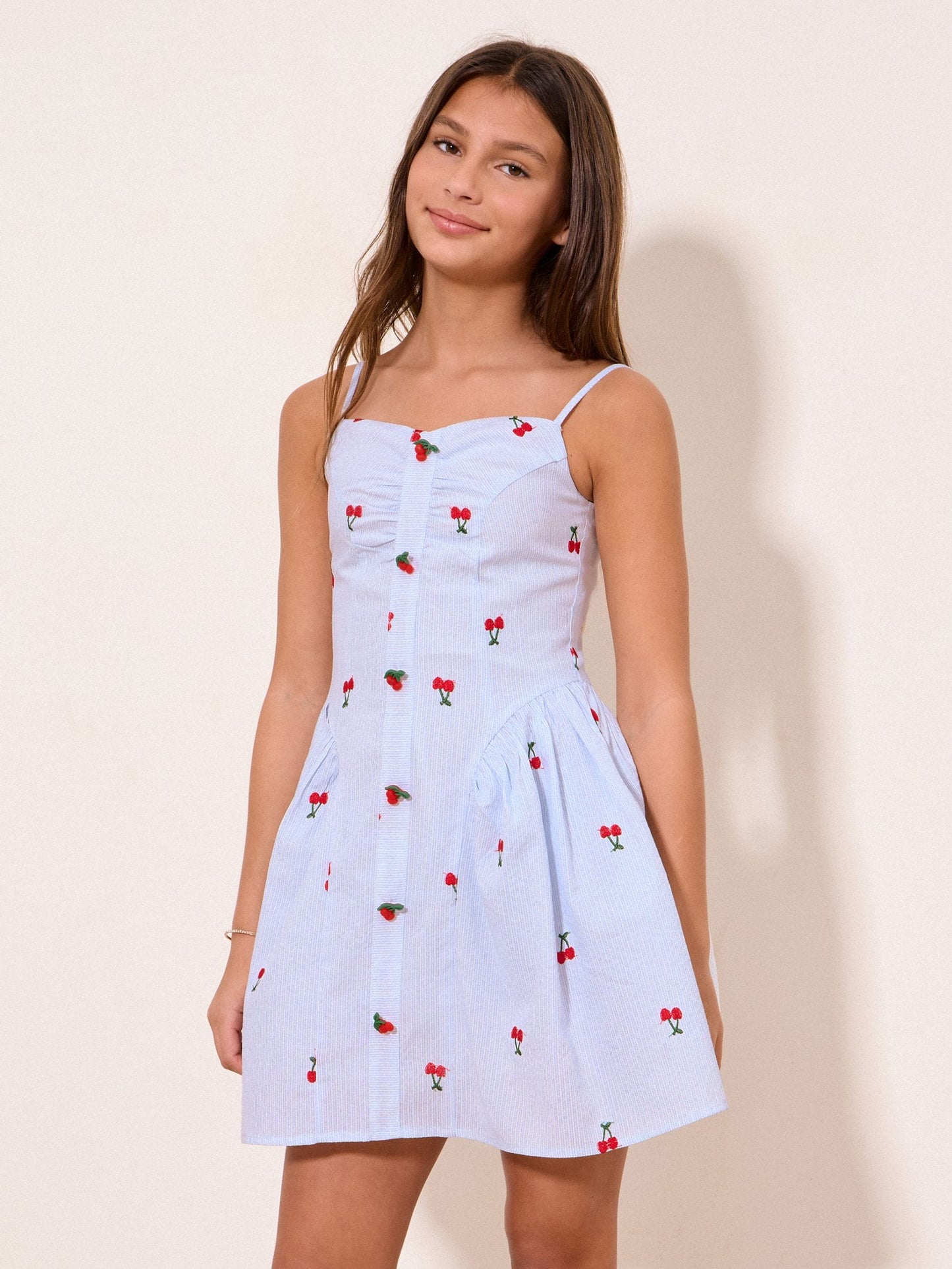 Lipsy Blue/White Teen Embroidered Cherry Pinstripe Dress (10-16yrs) image 1