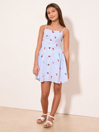 Lipsy Blue/White Teen Embroidered Cherry Pinstripe Dress (10-16yrs) image 2