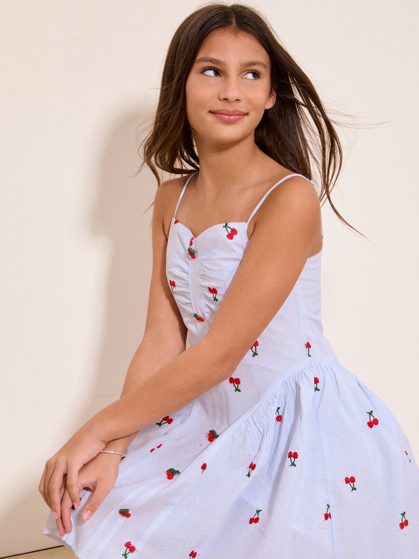 Lipsy Blue/White Teen Embroidered Cherry Pinstripe Dress (10-16yrs) image 3