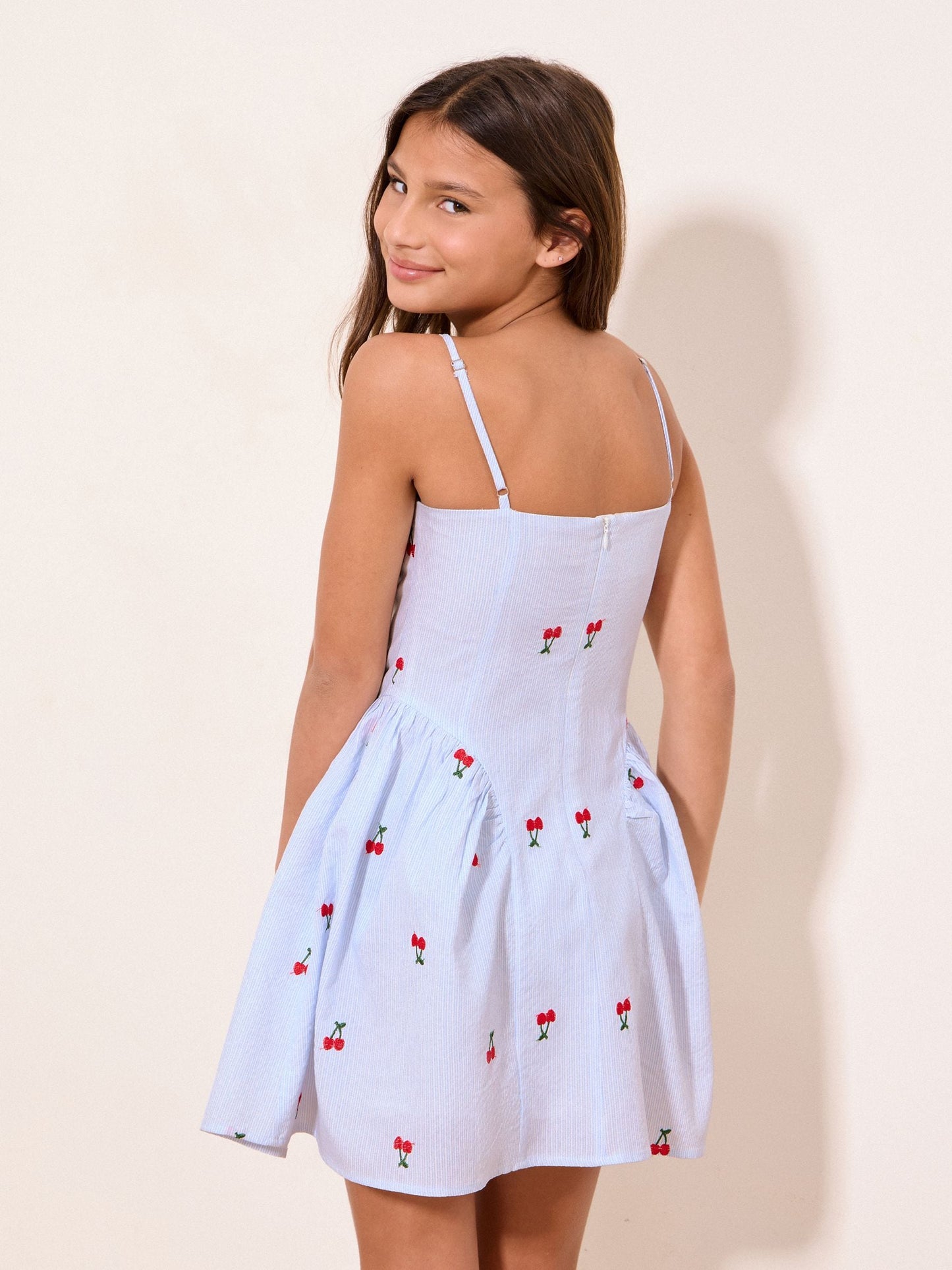 Lipsy Blue/White Teen Embroidered Cherry Pinstripe Dress (10-16yrs) image 4