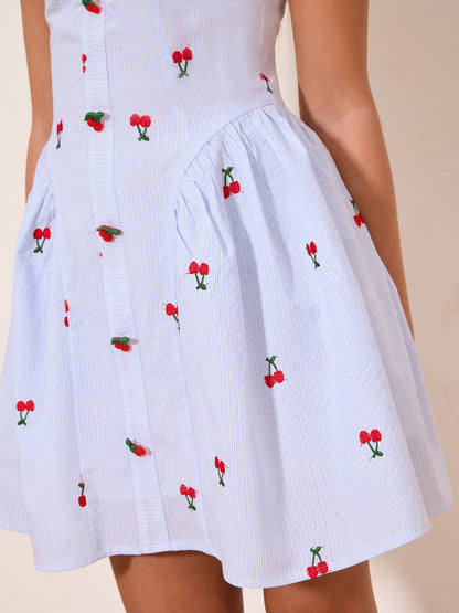 Lipsy Blue/White Teen Embroidered Cherry Pinstripe Dress (10-16yrs) image 5