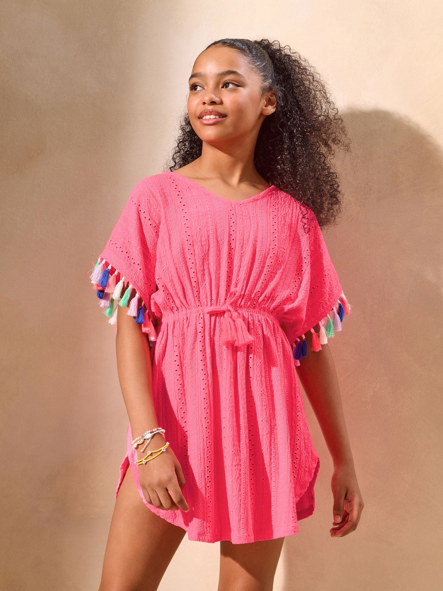 Dsiney Kidz - Lipsy Bright Pink Jersey Broderie Kaftan (5-16yrs) image 1