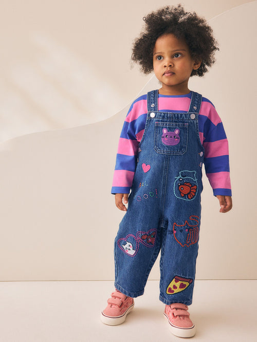 Dsiney Kidz - Blue/ Pink Stripe Embroidered Denim Dunagree Set (3mths-7yrs) image 1