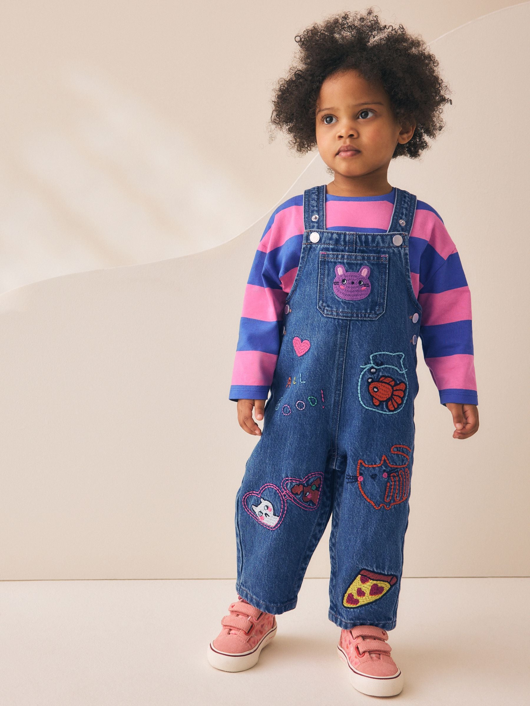 Blue/ Pink Stripe Embroidered Denim Dunagree Set (3mths-7yrs) image 1