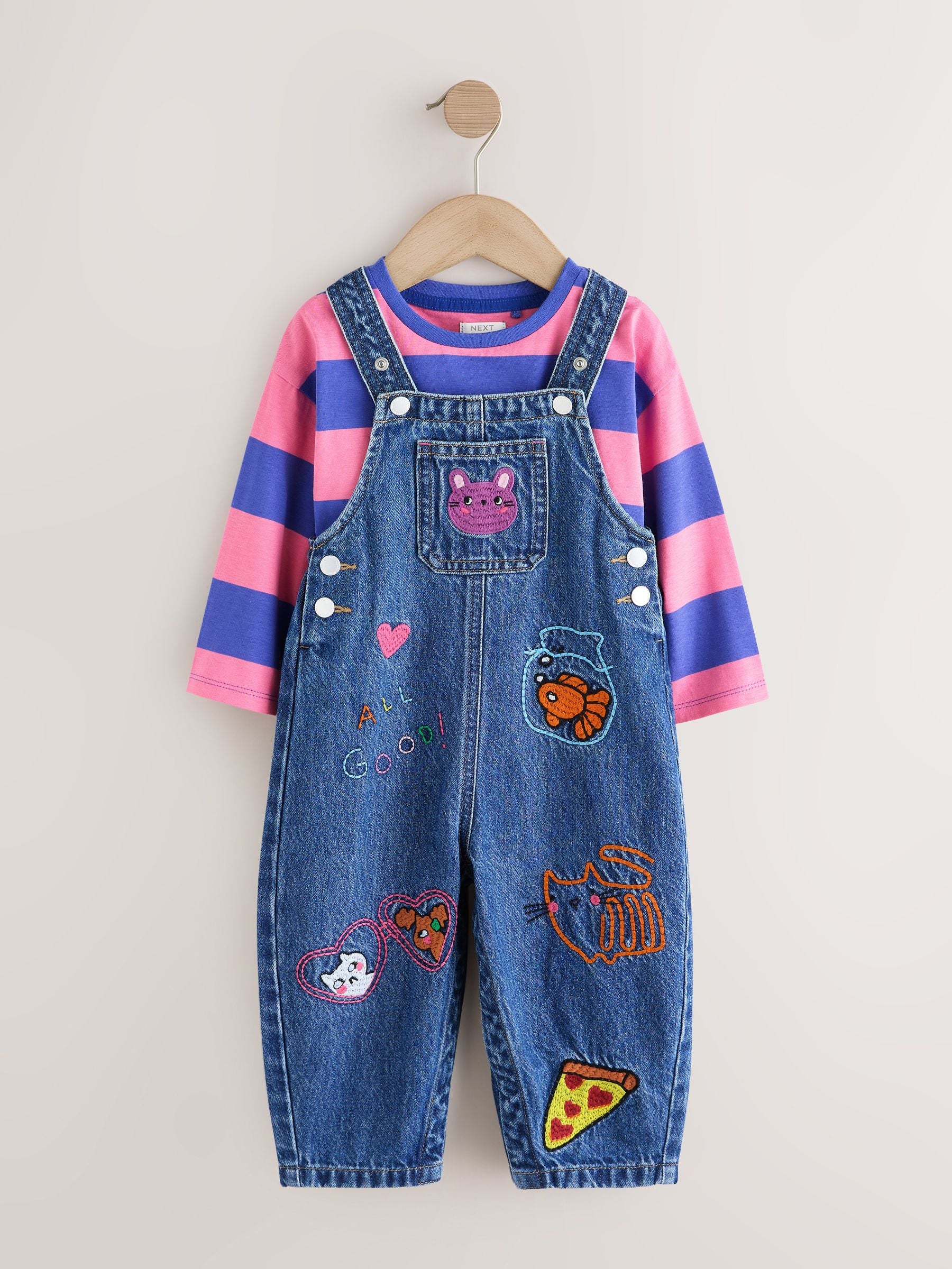 Blue/ Pink Stripe Embroidered Denim Dunagree Set (3mths-7yrs) image 6
