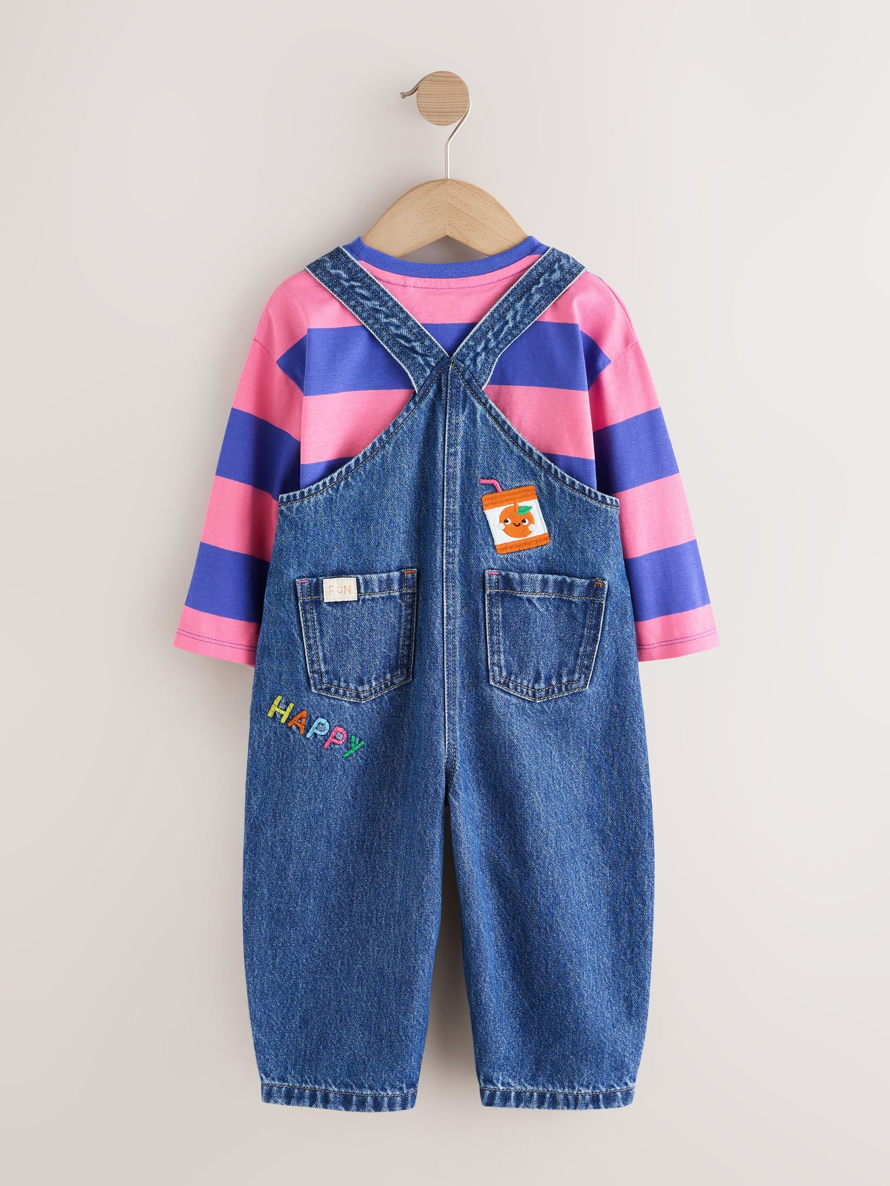 Blue/ Pink Stripe Embroidered Denim Dunagree Set (3mths-7yrs) image 7