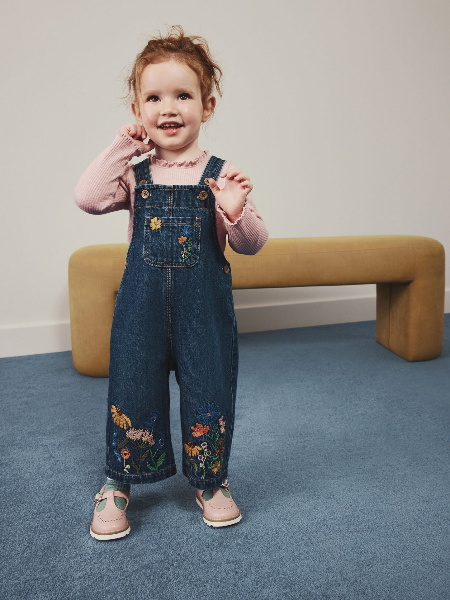 Dsiney Kidz - Pink Floral Embroidered Denim Dungaree Set (3mths-7yrs) image 1