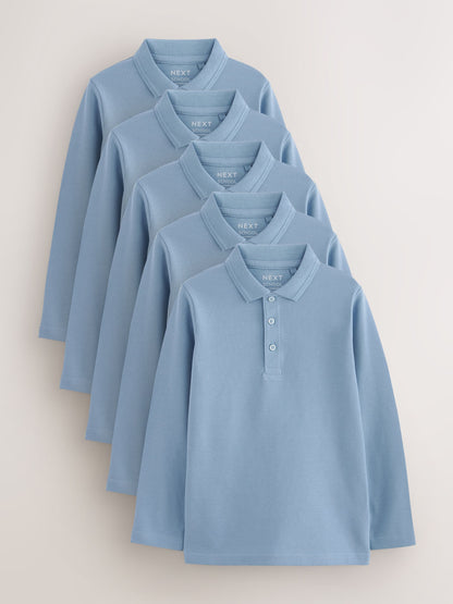 Dsiney Kidz - Blue Long Sleeve School Polo Shirts 5 Pack (3-16yrs) image 1