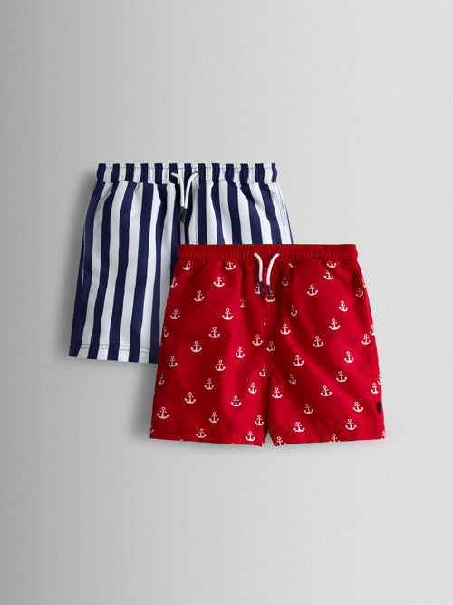 JoJo Maman Bébé Multi Blue & Red Nautical Stripe Swim Shorts 2 Pack image 1