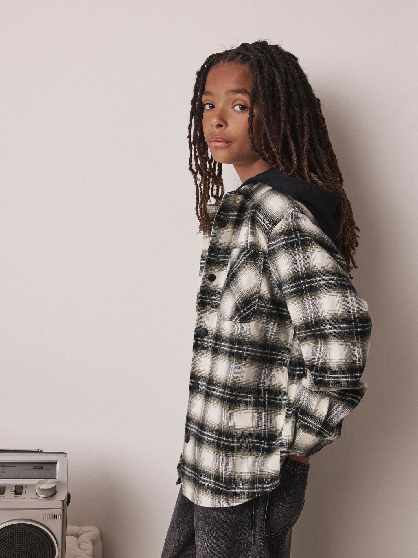 Dsiney Kidz - Black/Green Check Long Sleeve Hooded Shirt (3-16yrs) image 1