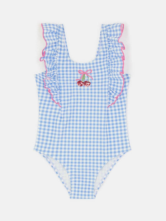 Dsiney Kidz - Angels By Accessorize Blue Girls Embellished Cherry Gingham Swimsuit image 1