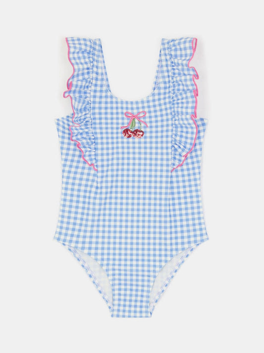 Angels By Accessorize Blue Girls Embellished Cherry Gingham Swimsuit image 1