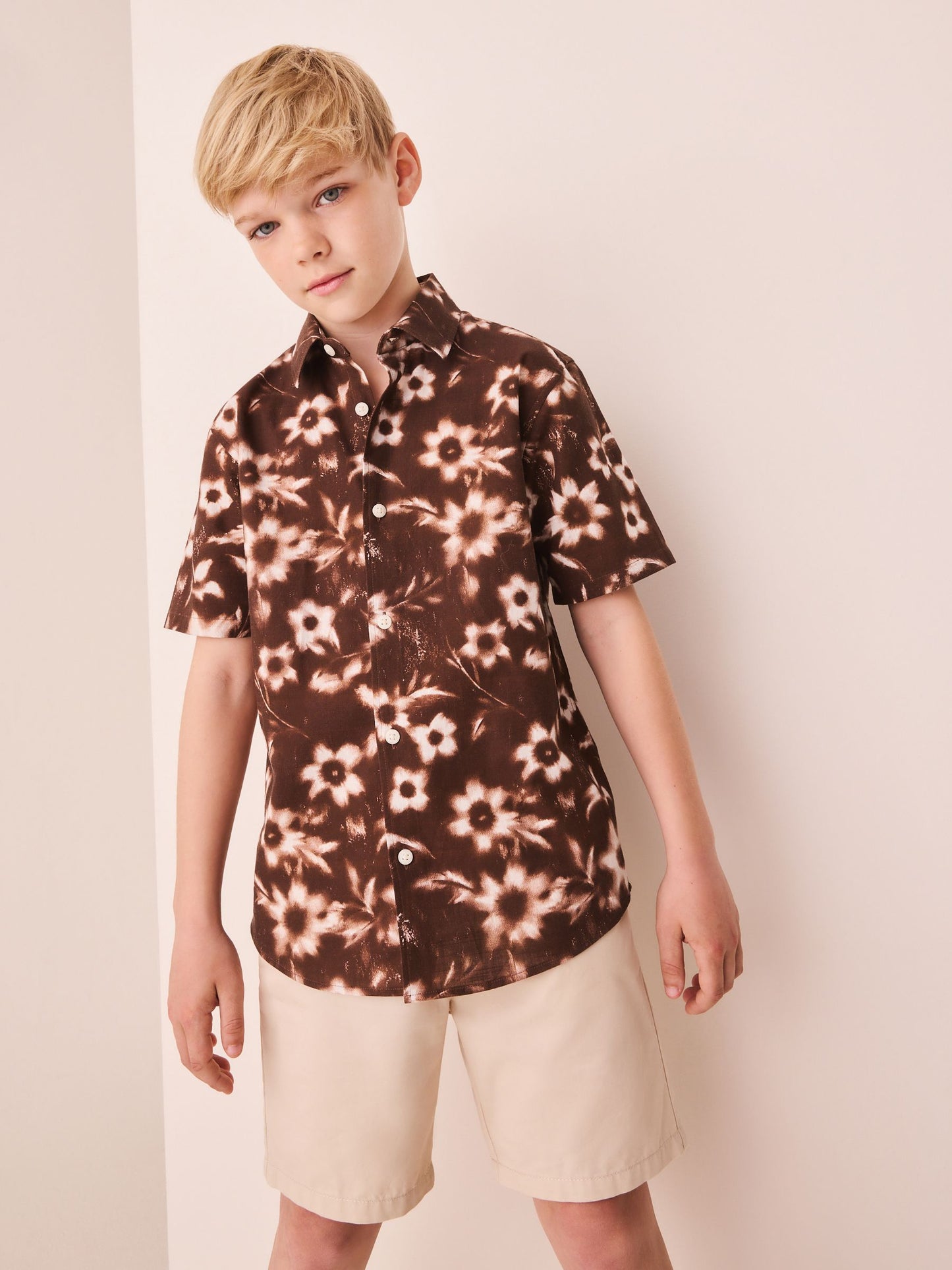 Dsiney Kidz - Chocolate Brown All Over Print Flowers Short Sleeve All Over Print Shirt (3-16yrs) image 1