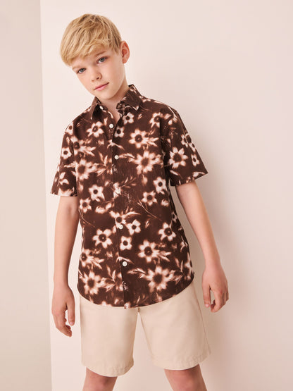 Dsiney Kidz - Chocolate Brown All Over Print Flowers Short Sleeve All Over Print Shirt (3-16yrs) image 1